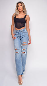 Suki Blue High Rise Straight Leg Ripped Jeans